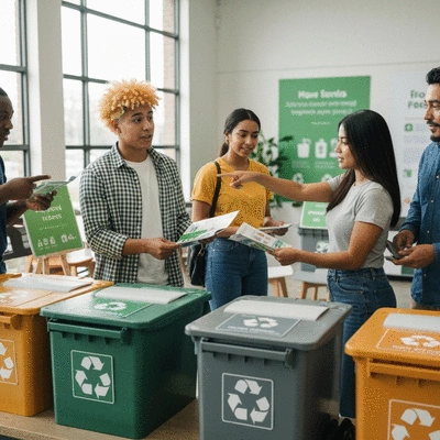 A diverse group of people learning about recycling best practices, with clear recycling bins in the background