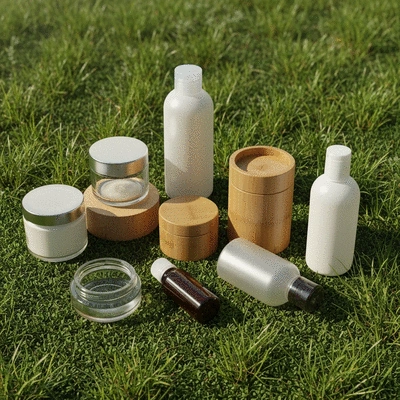 Various sustainable cosmetic packaging items like glass jars, bamboo containers, and recycled plastic bottles arranged aesthetically on a natural background, no text, no words, no typography, 8K