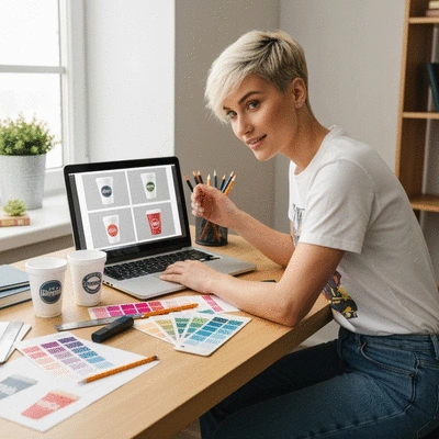 A graphic designer working on a laptop, displaying mockups of custom polystyrene cups with brand logos, surrounded by color swatches and design tools, no text, no words, no typography, 8K, natural lighting