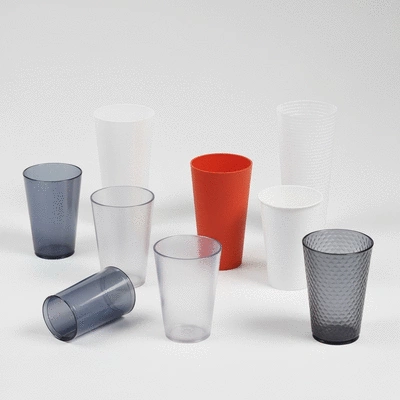 Various types of plastic cups demonstrating different materials and designs, clean background