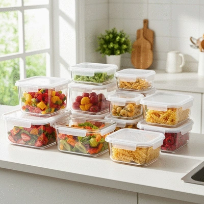 Assortment of microwave-safe containers on a kitchen counter