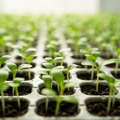 Close-up of young, vibrant green seedlings growing in a multi-cell tray under gentle sunlight, clean image