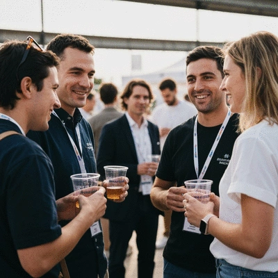 People at an event holding custom clear plastic cups with social media hashtags