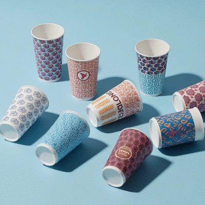 Modern custom disposable plastic cups with diverse branding designs, clean image, no text