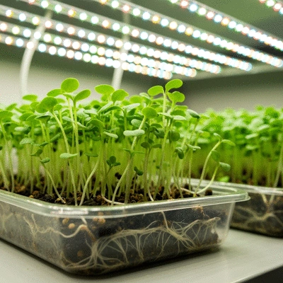 Close-up of vibrant microgreen seedlings growing in shallow trays under LED grow lights