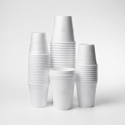 Stack of bulk polystyrene cups with diverse sizes and branding