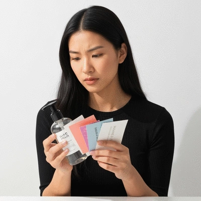 A person carefully selecting a label for a hand wash bottle, reflecting on design and material choices, bright studio lighting, no text, no words, no typography, clean image