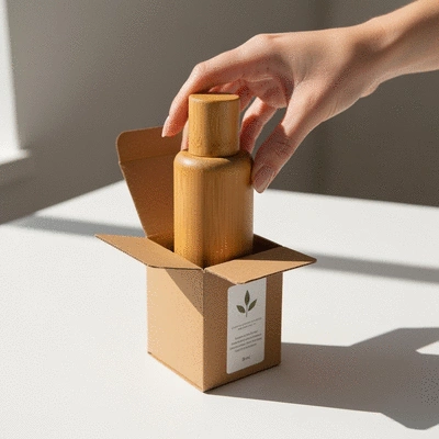 Hand placing a sustainable cosmetic bottle into a recyclable box, emphasizing eco-friendly practices.