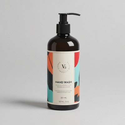 Close-up of a stylish hand wash bottle with a well-designed label, soft lighting, focus on product branding, no text, no words, no typography, clean image