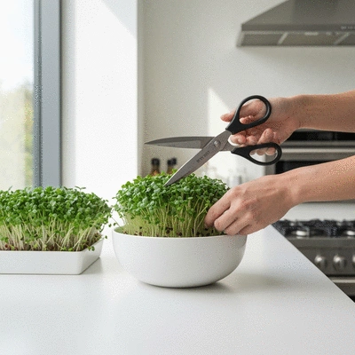 Hands harvesting fresh microgreens with scissors into a bowl in a modern kitchen