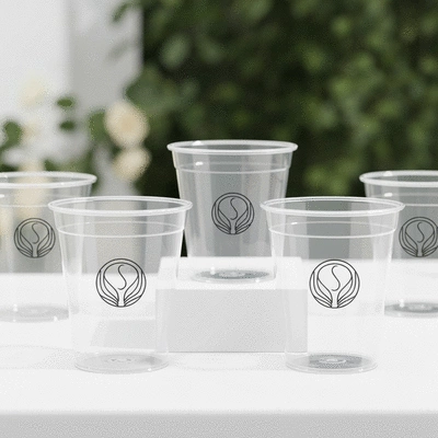 Custom clear plastic cups with a branded logo for an event