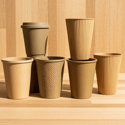 Variety of eco-friendly custom cups displayed on a sustainable background