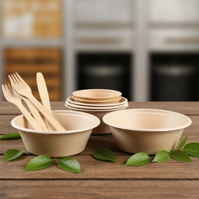 Various eco-friendly takeaway containers on a rustic wooden table, with green leaves and a blurred background of a composting facility, no text, no words, no typography, clean image