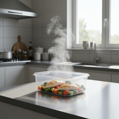 Modern microwave-safe container with food inside, ready for heating