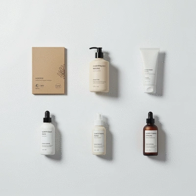 Modern cosmetic products in eco-friendly packaging on a minimalist background, emphasizing innovation and sustainability, no text, no words, no typography, 8K