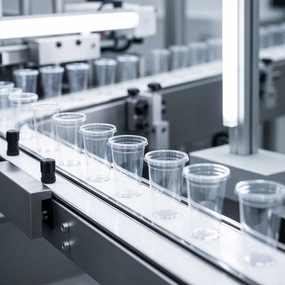 Plastic juice cups on a production line in a factory, clean and modern industrial setting