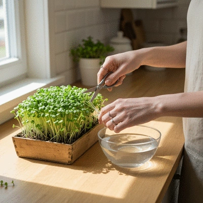 Hands gently harvesting microgreens from a seedling tray with scissors