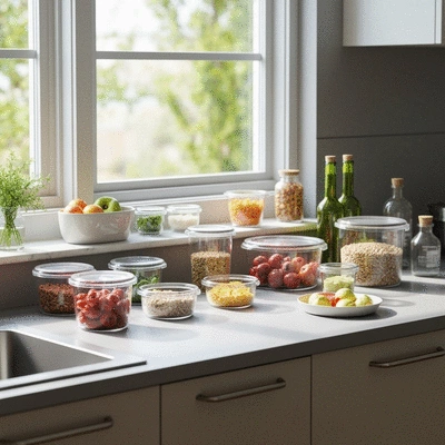 Modern kitchen counter with various sustainable food containers, some with food, clean image, no text, no words