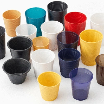 Close-up of various custom plastic cup samples on a clean white background, showing different designs and materials, no text, no words, no typography, 8K, clean image