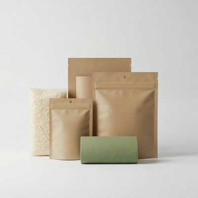 Assortment of eco-friendly packaging materials like compostable bags, recycled paper, and bioplastics on a clean background