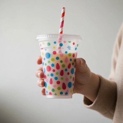 Close-up of a hand holding a custom plastic juice cup showing a colorful design and sustainable material. Lifestyle photography.