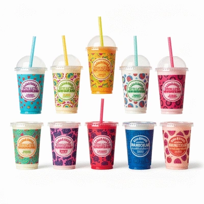 Assortment of custom plastic juice cups with various branding, bright and clean product photography