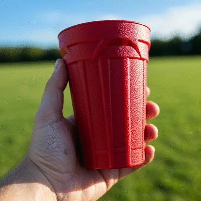 Close-up of a hand holding a durable custom plastic cup, with blurred background of an outdoor event