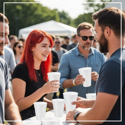 Bulk polystyrene cups being used at a bustling outdoor event