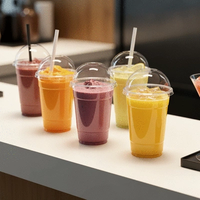Variety of beverages in clear plastic cups with lids, arranged on a modern counter