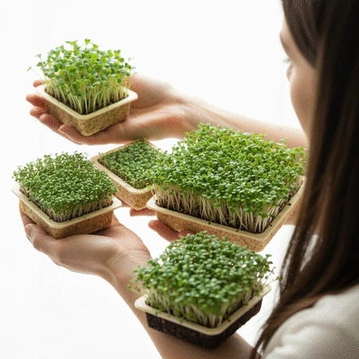 Hands holding different types of microgreen trays, comparing features
