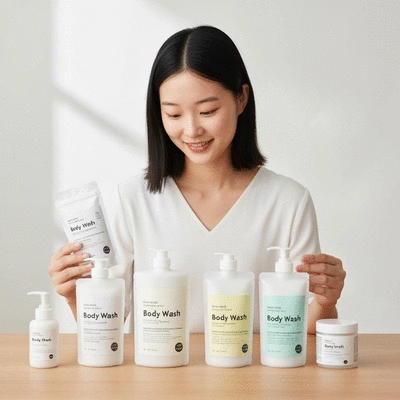 Person evaluating sustainable packaging options for body wash, looking at labels and materials, clean image