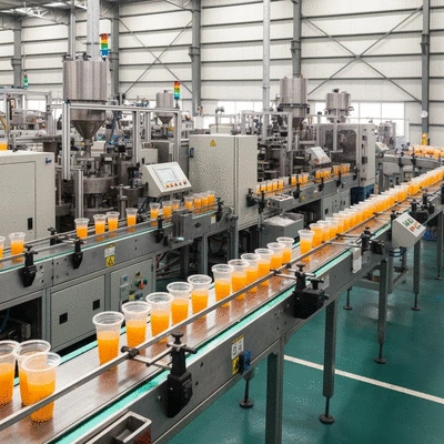 Detailed shot of plastic juice cup manufacturing process, showing machinery and products