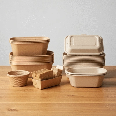 Assortment of eco-friendly compostable containers made from PLA, bagasse, and paper on a wooden table