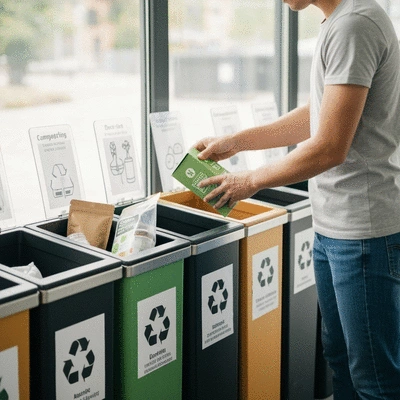 A person sorting eco-friendly packaging into clearly labeled bins for recycling and composting, with clear instructions visible, no text, no words, no typography, clean image