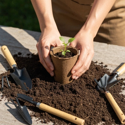Hands planting a seedling into a biodegradable pot, surrounded by healthy soil and gardening tools, suggesting eco-friendly practices