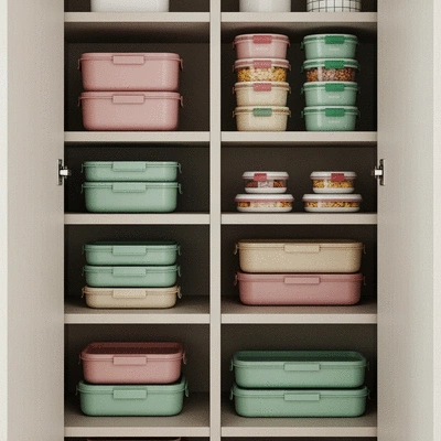 Organized kitchen pantry with neatly stacked microwaveable food containers, no text, no words, no typography, clean image