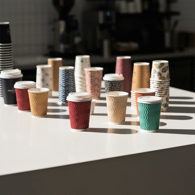 Modern coffee shop setting with a variety of disposable cups on a counter