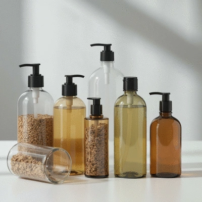 Various hand wash bottles made from both plastic and glass, arranged aesthetically to represent sustainable choices.