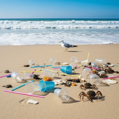 Plastic cups littering a beach, impacting marine life