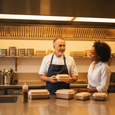 Restaurant owner holding various takeaway containers discussing options
