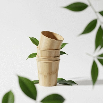 Stack of eco-friendly cups made from sugarcane and bamboo with green leaves around them