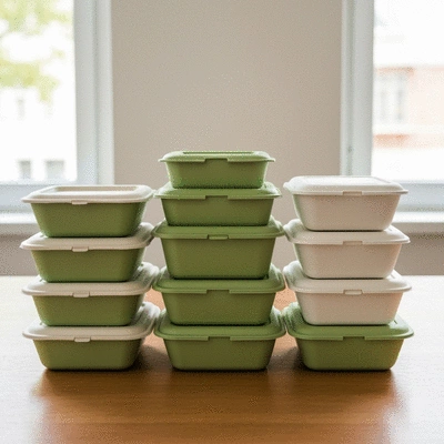 Assortment of eco-friendly, stackable microwave food containers on a wooden table, natural light, no text, no words, no typography, no labels, clean image