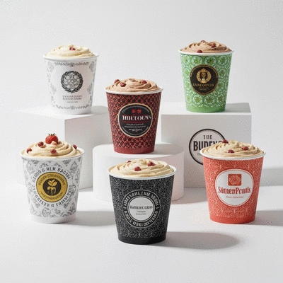 Assortment of custom printed dessert cups with various designs on a clean white background