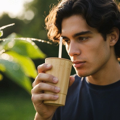 Person holding an eco-friendly juice cup in a natural outdoor setting