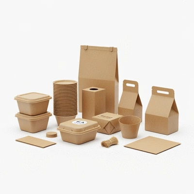 Assortment of eco-friendly packaging materials like PLA, bagasse, and recycled paper