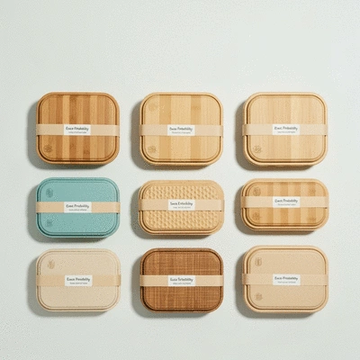 Close-up of eco-friendly microwave containers with clear sustainability labels on a light background, no text, no words