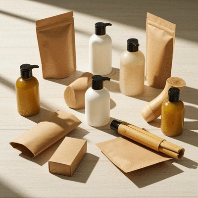 Eco-friendly refillable body wash bottles and biodegradable packaging materials on a wooden surface