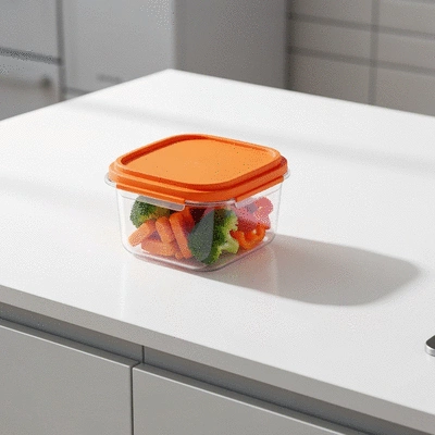Modern microwave-safe food container with food inside, on a clean kitchen counter, bright lighting, no text, no words, no typography, no labels, clean image