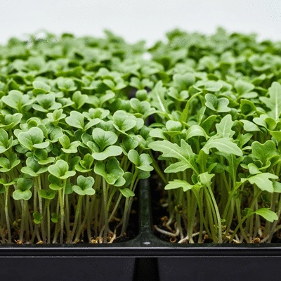 Close-up view of microgreens growing in a tray, healthy and vibrant