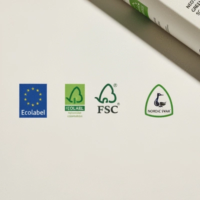 Close-up of various eco-labels and green certifications on product packaging, clean image, no text, no words, no typography, 8K